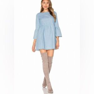 NWT FAITHFULL THE BRAND Phoebe Light Denim Dress Babydoll Bell Sleeves Raw Hem 6